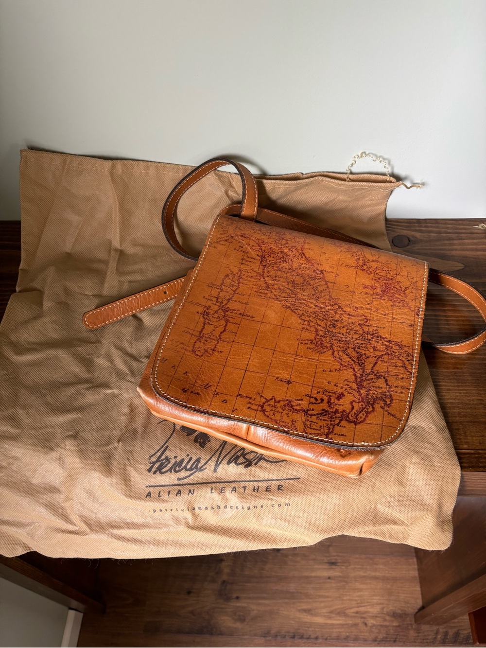 Patricia Nash Map-Print Leather Crossbody - Tan Brown - Picture 9 of 10